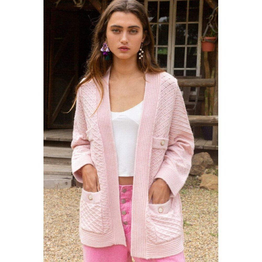 POL Clothing Women's Baby Pink Luxe Open Cardigan Sweater with Buttons YST174 - Picture 3 of 12
